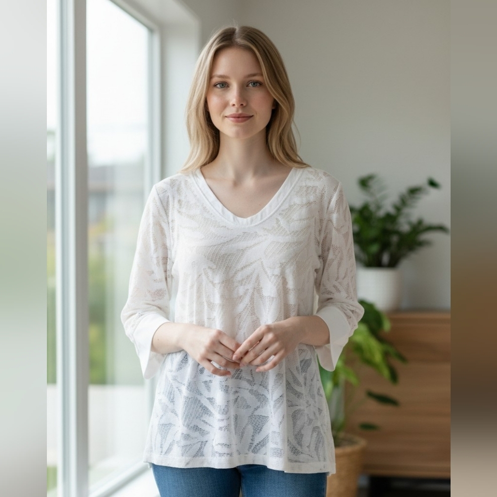 NIC+ZOE Cotton Blend White Leaf-Pattern Lace Top